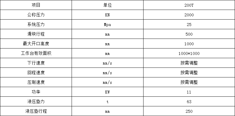 200噸拉伸液壓機參數(shù)